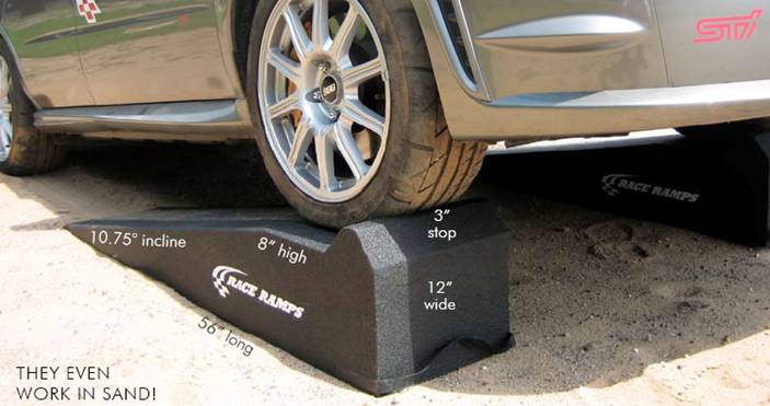 Subaru STI on RR-56 Lightweight Low Profile Car Ramp in Sand 